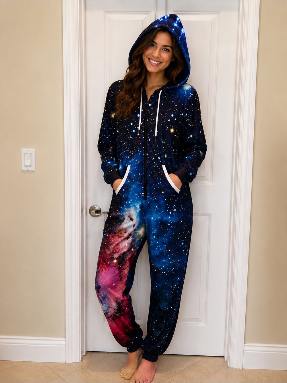 Source Unknown Galaxy Print Hooded Jumpsuit — Blue, Pink, Black